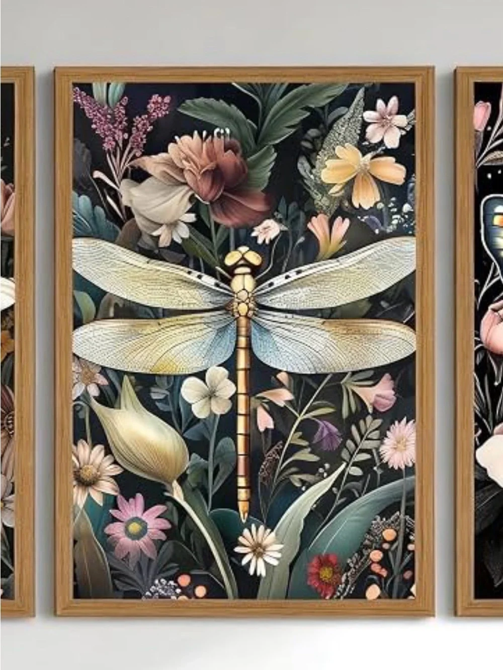 Canvas 3 Piece Set Floral Insect Wall Art Set - Black & Pink Botanical Prints